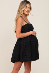 Black Square Neck Shoulder Tie Pleated Detail Maternity Dress