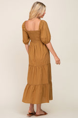 Camel Square Neck Smocked Tiered Maxi Dress