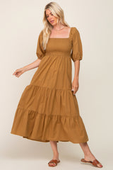 Camel Square Neck Smocked Tiered Maxi Dress