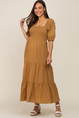 Camel Square Neck Smocked Tiered Maternity Maxi Dress