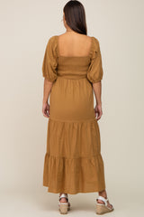 Camel Square Neck Smocked Tiered Maternity Maxi Dress