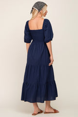 Navy Blue Square Neck Smocked Tiered Maxi Dress