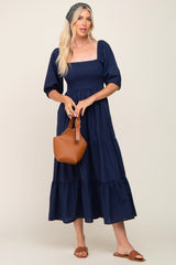 Navy Blue Square Neck Smocked Tiered Maxi Dress