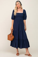 Navy Blue Square Neck Smocked Tiered Maxi Dress