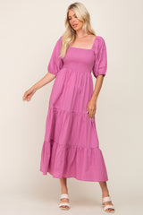 Fuchsia Square Neck Smocked Tiered Maxi Dress