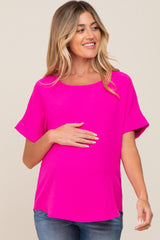 Fuchsia Rolled Cuff Short Sleeve Maternity Blouse