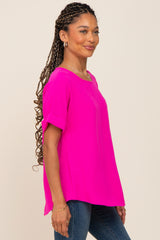 Fuchsia Rolled Cuff Short Sleeve Blouse