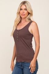 Brown Ribbed Button Front Tank Top