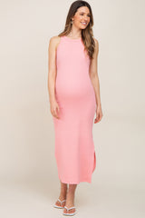 Pink Ribbed Fitted Maternity Midi Dress