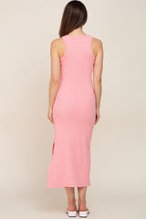 Pink Ribbed Fitted Maternity Midi Dress