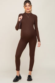 Brown Ribbed Maternity Jumpsuit