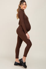 Brown Ribbed Maternity Jumpsuit