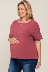 Burgundy Oversized Short Cuffed Dolman Sleeve Maternity Tee