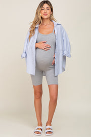 Heather Grey Rib Knit Sleeveless Maternity Romper