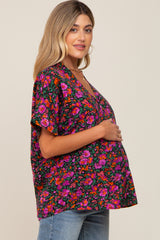 Black Floral V-Neck Short Dolman Sleeve Maternity Top