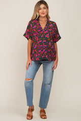 Black Floral V-Neck Short Dolman Sleeve Maternity Top