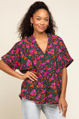 Black Floral V-Neck Short Dolman Sleeve Maternity Top