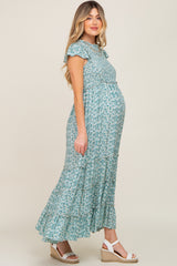 Teal Floral Tiered Maternity Maxi Dress