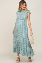 Teal Floral Tiered Maternity Maxi Dress