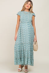 Teal Floral Tiered Maternity Maxi Dress