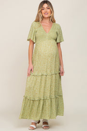 Sage Floral Ruffle Accent Tiered Maternity Midi Dress