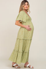 Sage Floral Ruffle Accent Tiered Maternity Midi Dress