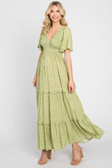 Sage Floral Ruffle Accent Tiered Maternity Midi Dress