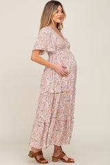 Cream Paisley Ruffle Accent Tiered Maternity Midi Dress