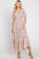 Cream Paisley Ruffle Accent Tiered Maternity Midi Dress