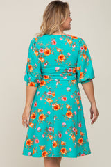 Mint Green Floral Wrap Front V-Neck Maternity Plus Dress