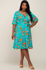 Mint Green Floral Wrap Front V-Neck Maternity Plus Dress