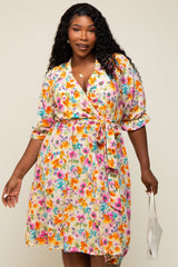 Yellow Floral 3/4 Sleeve Wrap Plus Dress