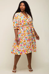 Yellow Floral 3/4 Sleeve Wrap Plus Dress