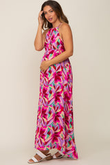 Magenta Floral Halter Shirred Maternity Maxi Dress