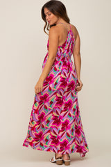 Magenta Floral Halter Shirred Maternity Maxi Dress