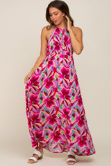 Magenta Floral Halter Shirred Maternity Maxi Dress