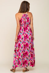 Magenta Floral Halter Shirred Maxi Dress