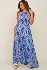 Blue Floral Halter Shirred Maternity Maxi Dress