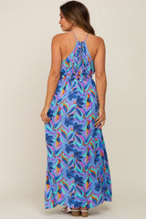 Blue Floral Halter Shirred Maternity Maxi Dress