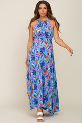 Blue Floral Halter Shirred Maternity Maxi Dress