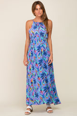 Blue Floral Halter Shirred Maternity Maxi Dress