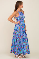 Blue Floral Halter Shirred Maxi Dress