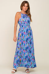 Blue Floral Halter Shirred Maxi Dress