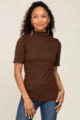 Brown Fitted Lettuce Trim Maternity Top