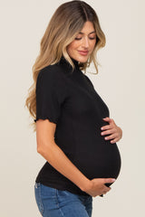 Black Fitted Lettuce Trim Maternity Top