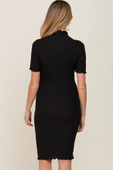 Black Ribbed Mock Neck Fitted Maternity Midi Dress