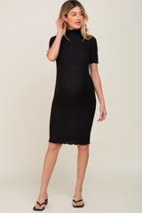 Black Ribbed Mock Neck Fitted Maternity Midi Dress