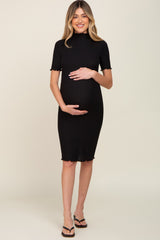 Black Ribbed Mock Neck Fitted Maternity Midi Dress