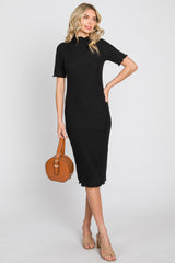 Black Ribbed Mock Neck Fitted Maternity Midi Dress