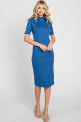 Blue Ribbed Mock Neck Fitted Midi Dress